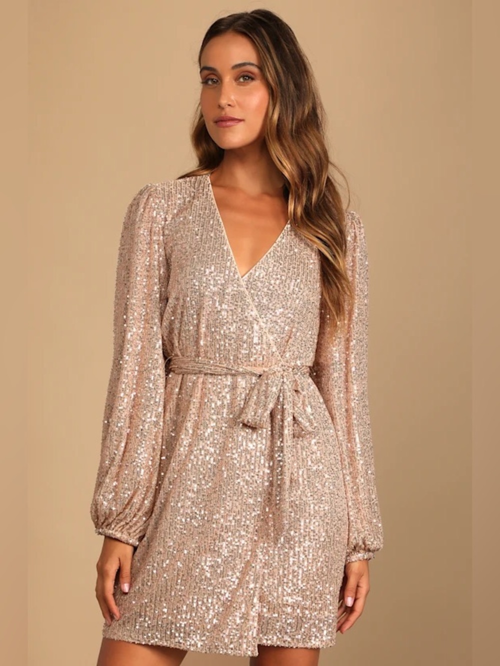Lulus Sparkly Darling Rose Gold Sequin Long Sleeve Wrap Dress